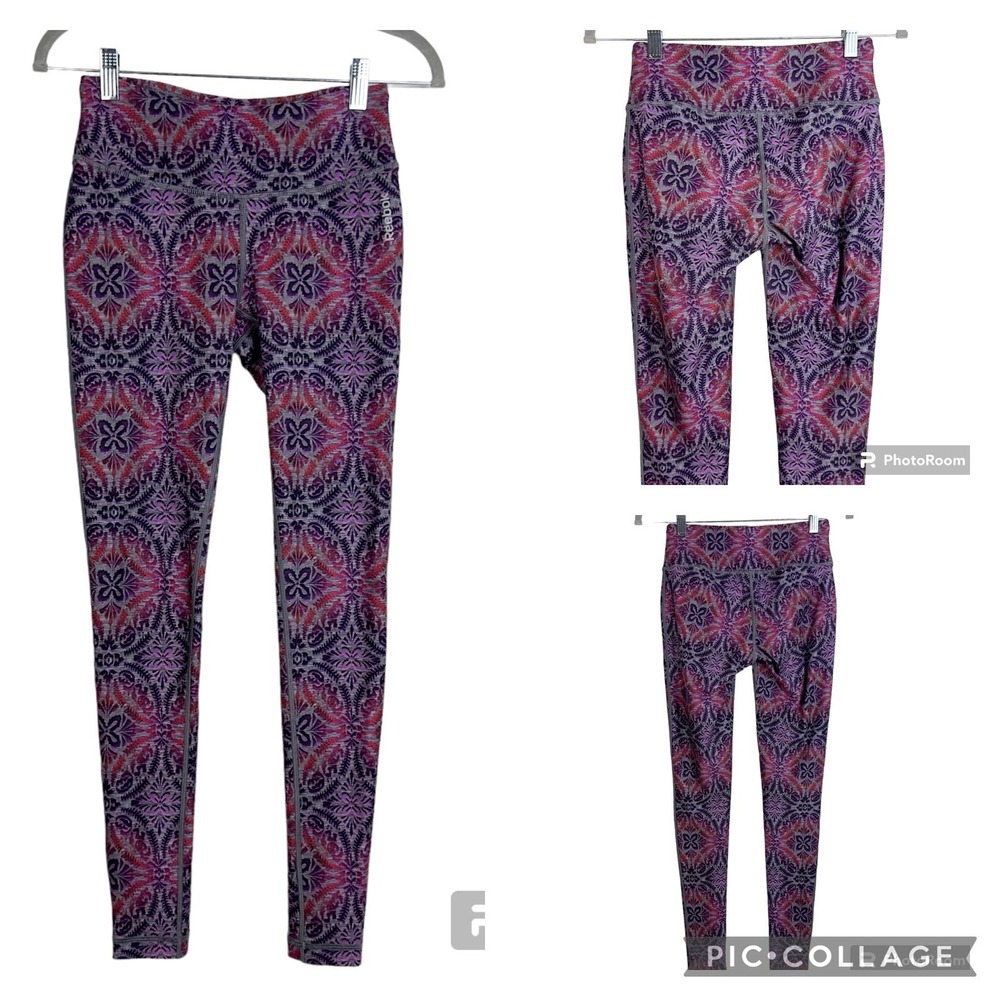 Reebok Women's XS Geometric Print High Waisted Athletic Leggings Purple Red Gray